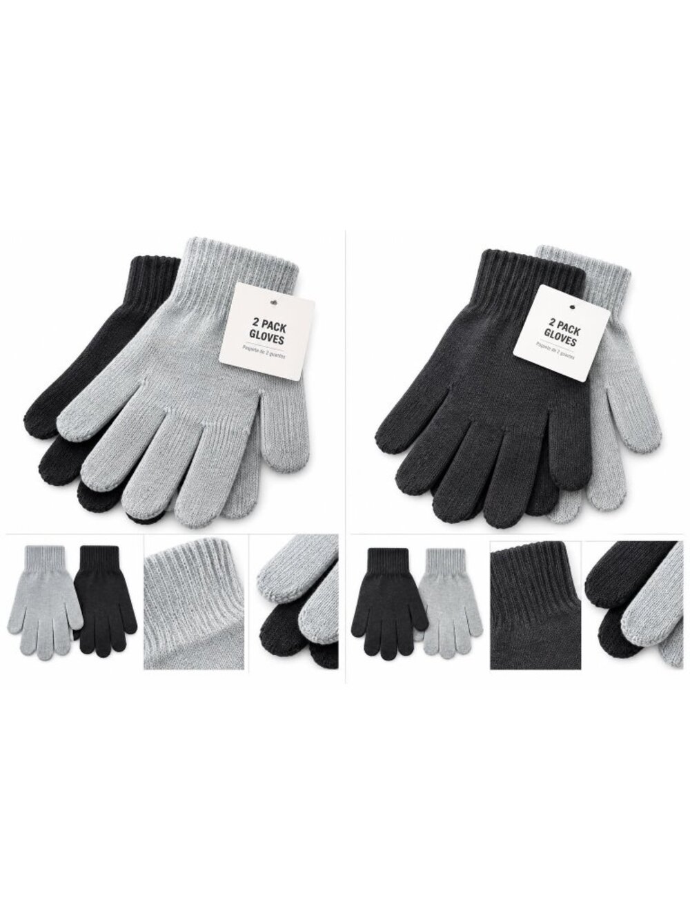 2 Pack Black and Gray Knit Winter Gloves with Ribbed Cuffs